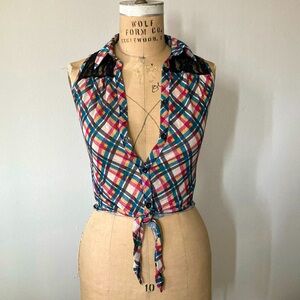Rhapsody Lace and Plaid Knit Sleeveless Collared Blouse Button Down Top sz S/P